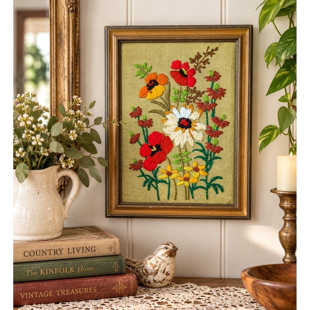 Vintage 1970s Floral Crewel Embroidery Framed Wall Art Retro Boho Cottagecore
